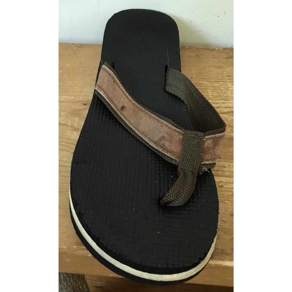 Vtg 70s 80s Suede Nylon Brown Layered Foam Flip Flops Sandals 6 Mens 8.5 Wmns 39